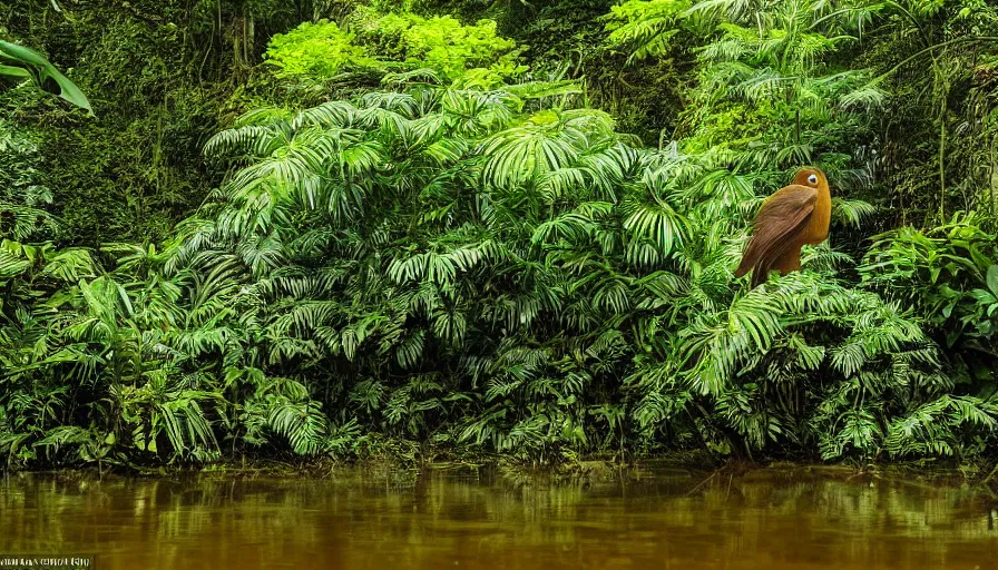 Image similar to a rainy foggy jungle, river with low hanging plants, there is the strangest bird, it’s a huge bird, great photography, ambient light