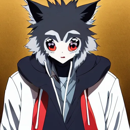 Image similar to key anime visual portrait of an anthropomorphic anthro wolf fursona, in a jacket, with handsome eyes, official modern anime art