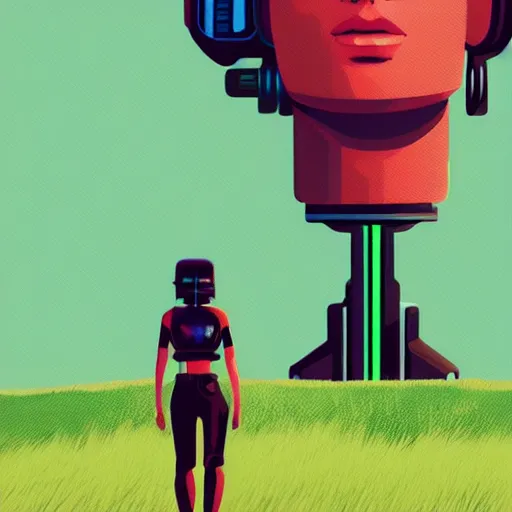 Image similar to a graph - style woman walking across a lush green field, a huge robot head in front of her, cyberpunk art by by james gilleard, cgsociety, retrofuturism, synthwave, retrowave, outrun