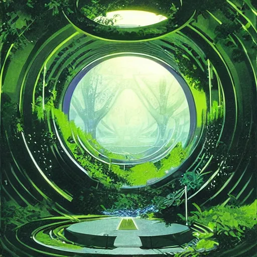 Image similar to portal in a middle of a lush futuristic forest, alien world seen through a portal, syd mead, john harris