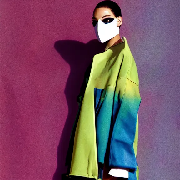 Prompt: model in futuristic full face mask wearing baggy colorful 9 0 s jacket by rick owens. magazine ad. pastel brutalist background.