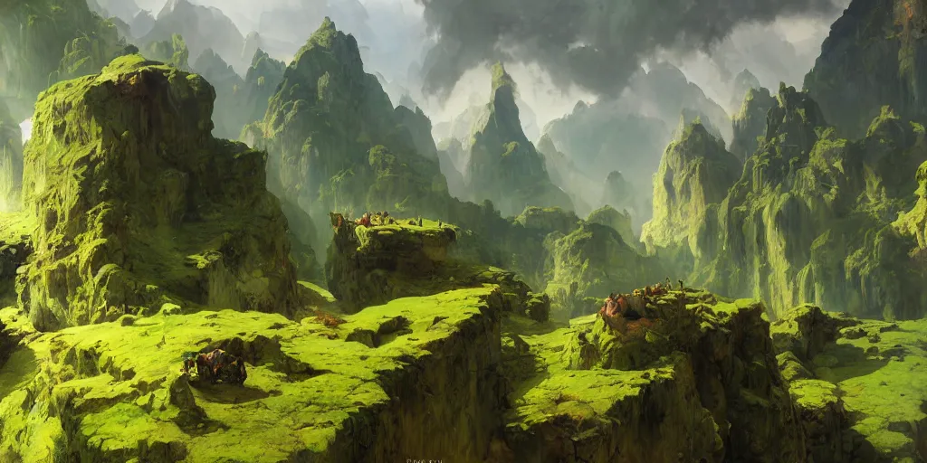 Prompt: lush green landscape giant cave villages castles buildings inverted upsidedown mountain range hanging from the sky fantasy surreal good composition artstation illustration sharp focus sunlit vista painted by ruan jia raymond swanland lawrence alma tadema zdzislaw beksinski norman rockwell tom lovell alex malveda greg staples