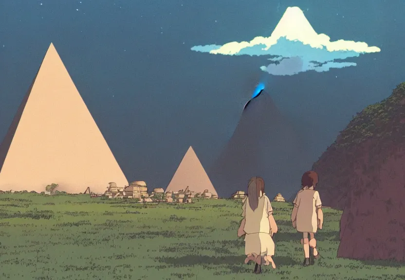 Image similar to a movie still from a studio ghibli film showing several large white pyramids and a golden ufo in the amazon jungle. very muted colors