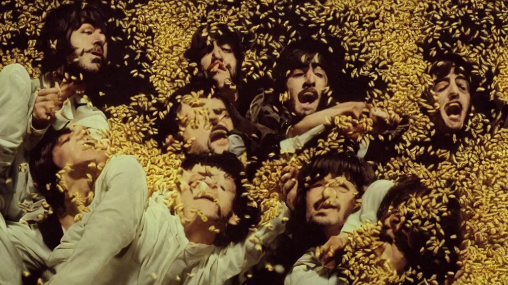 Image similar to The Beatles!!! drowning in honey! in a large honey jar, film still from the movie directed by Denis Villeneuve with art direction by Salvador Dalí, wide lens