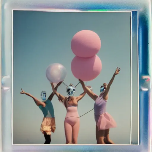 Prompt: a pastel colour high fidelity wide angle Polaroid art photo from a holiday album at a seaside with abstract inflatable parachute furniture, all objects made of transparent iridescent Perspex and metallic silver, people in masks dance, iridescence, nostalgic