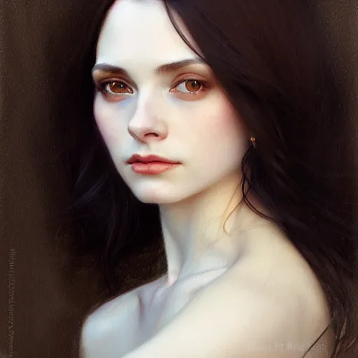 Prompt: Portrait of a beautiful, pale skin, female with long black hair, dark brown eyes, gentle smiling expression, elegant clothing, photorealistic, highly detailed, artstation, smooth, sharp focus, art by Klimt, artgerm, Greg Rutkowski and Alphonse Mucha