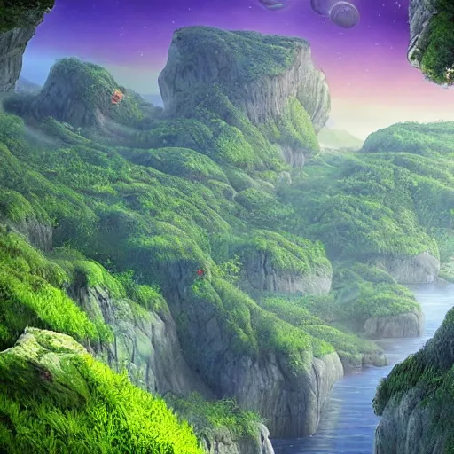 Image similar to digital art of a lush natural scene on an alien planet by dangiuz. extremely detailed render. beautiful landscape. weird vegetation. cliffs and water.
