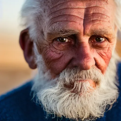 Prompt: a beautiful portrait photo of an old man, beautiful detailed eyes, golden hour in pismo California, outdoors, professional award winning portrait photography, Zeiss 150mm f/ 2.8 Hasselblad