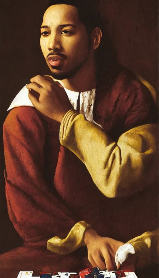 Prompt: romeo santos playing cards by johannes vermeer, brown skin, classical painting, digital painting, romantic, vivid color, oil painting