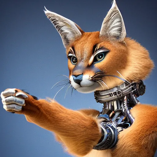 Prompt: cute caracal pointing his finger in the air. mythical organic biomechanical man. futuristic. blue blurry background. highly detailed, intricate steampunk ornate, poetic, 3 d render, digital art, octane render, 8 k artistic photography, photorealistic.