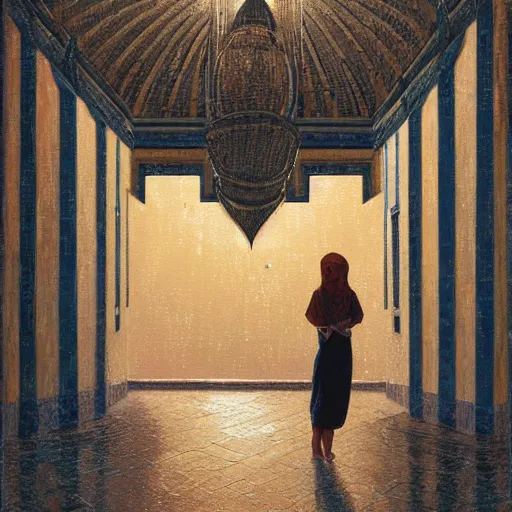 Image similar to detailed face of an arabic woman, opulent courtyard, moment, tectonic sky, skydome, reactor, utopian, tech noir, wet reflections, prism, atmospheric, ambient, pj crook, syd mead, livia prima, artgerm, greg rutkowski, nick alm, casey baugh