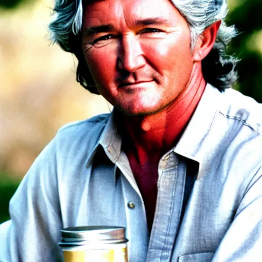 Prompt: patrick duffy as a hippy, he has grown long hippy grey hair, wearing a white shirt