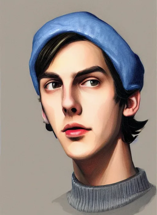 Image similar to portrait of teenage jughead jones wearing a light grey crown, crown, blue turtleneck, 1 9 5 0 s, closed eyes, photorealistic, black hair, glowing lighting, intricate, elegant, glowing lights, highly detailed, digital painting, artstation, concept art, smooth, sharp focus, illustration, art by wlop, mars ravelo and greg rutkowski