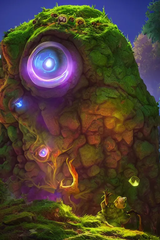 Image similar to arcane fantasy art giant golem elemental wood rock bastion forged gemstone enchanted forest troll, global illumination ray tracing hdr fanart arstation by sung choi and eric pfeiffer and gabriel garza and casper konefal lisa frank zbrush central hardmesh radiating a glowing aura