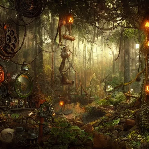 Image similar to steampunk forest. high details. 8K. detailed. photorealism. artstation. well lit. digital render. intricate. ultra realistic