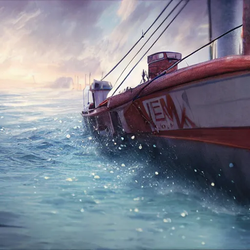 Prompt: photorealistic photograph of Nemo touching the boat, realism, 4k, trending on artstation, award-winning art