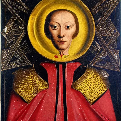 Image similar to a portrait of a shiny metallic renaissance robot, in the style of Jan van Eyck,