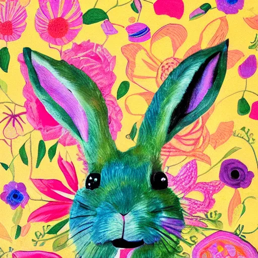 Image similar to The painting is a beautiful and playful work that perfectly encapsulates the artist\'s unique style. The painting features a rabbit made out of ceramic, which is surrounded by brightly colored flowers. The work is both charming and sophisticated, and it is sure to bring a smile to any viewer\'s face. Hadean by Mike Winkelmann, by Walter Percy Day