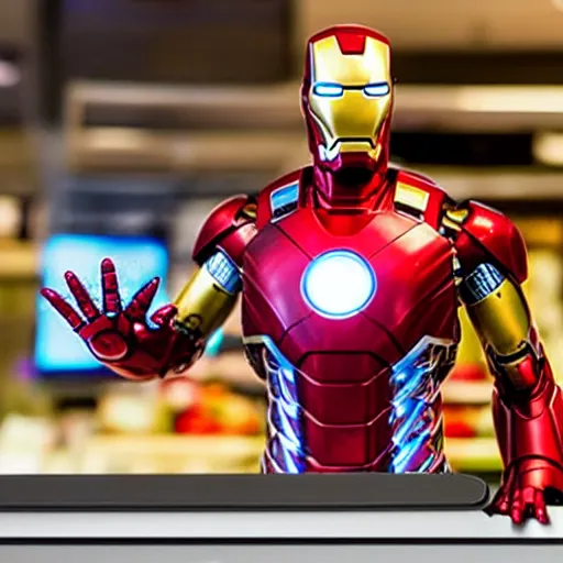 Prompt: Iron Man working as a 7/11 cashier, counter, laser scanner, macro, wide wide shot, very detailed, beautiful lighting