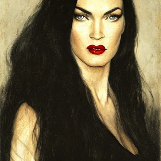 Image similar to upper body portrait megan fox as morticia addams by female adventurer by alfred stevens