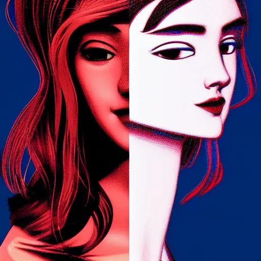 Image similar to tv actress with warm eyes, slim features, hallucinating happily. box office hit, nineties italian romcom. unreal engine, intricate, ultra detailed 8 k, ambient reflective occlusion, extremely beautiful and aesthetic shape of face, eyes, neck, and smile. art by hiroaki samura and ilya kuvshinov and monet and andy warhol, inverted