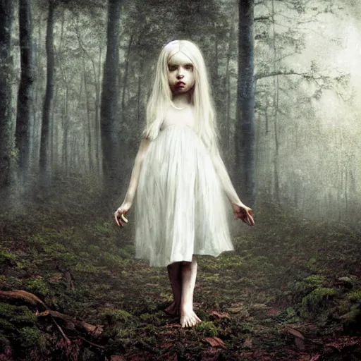 Prompt: a painting of a beautiful little girl in a white dress, white hair, bare foot, pretty symmetrical face, in the middle of a strange forest by Seb McKinnon and WLOP