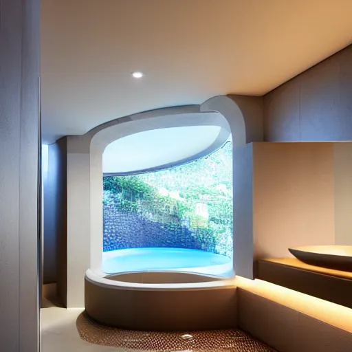 Image similar to curvilinear futuristic bathroom With swimming pool.