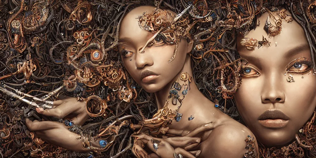 Prompt: hyperrealistic photography of a highly detailed and symmetrical gorgeous black female demigorgon deconstructing a poetry machine in the style of Jin Kagetsu, James Jean and wlop, highly detailed, face symmetry, masterpiece, award-winning, sharp focus, intricate concept art, ambient lighting, 8k, artstation