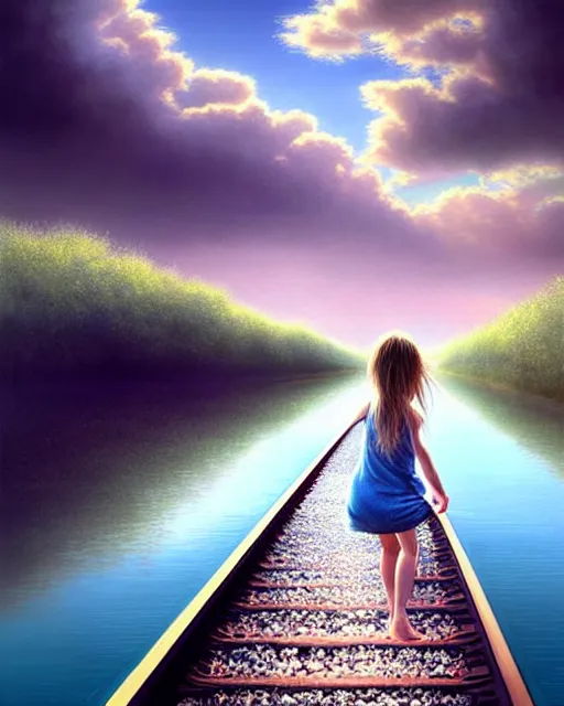 Image similar to a barefoot girl carries her shoes on a lake of reflective water and faintly visible submerged train tracks, water covers everything, large white clouds on a wide horizon, intricate, elegant, highly detailed, digital photo, artstation, concept art, smooth, sharp focus, low angle photo, art by artgerm and greg rutkowski and fra angelico