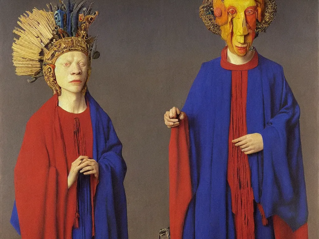 Prompt: Portrait of albino mystic with blue eyes, with totemic archaic mask made from lapis lazuli. Painting by Jan van Eyck, Audubon, Rene Magritte, Agnes Pelton, Max Ernst, Walton Ford