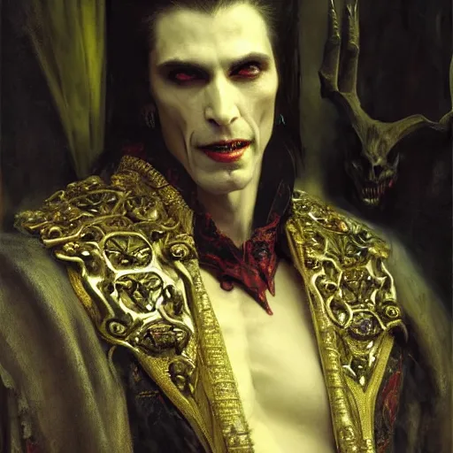 Image similar to perfectly centered portrait of attractive vampire king in a robe sitting on a throne of bones, highly detailed painting by gaston bussiere, craig mullins, j. c. leyendecker, 8 k