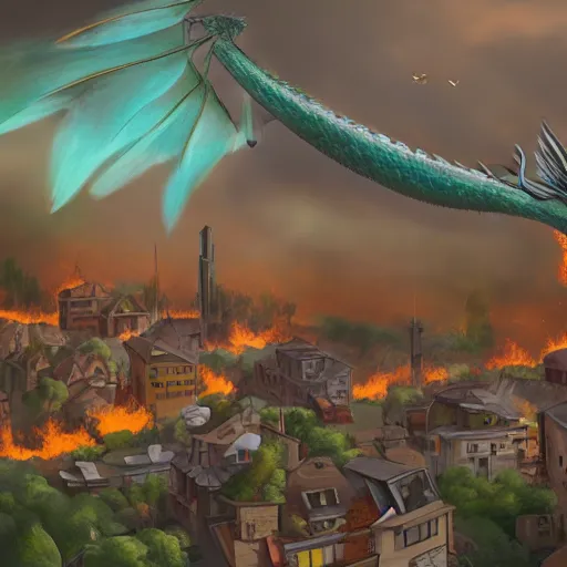 Image similar to a large dragon flying above a mid century village and blowing fire to the buildings below. Moody paining trending on artstation