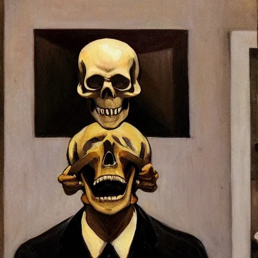 Prompt: a crying man who is screaming, his head is a skull, he wears a suit, in the style of Edward Hopper, 4k,