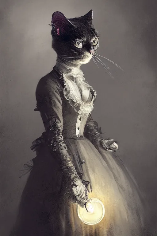 Image similar to wet plate photograph, portrait of an anthropomorphic cat in a victorian - era ballgown, dramatic lighting, highly detailed, digital painting, artstation, concept art, smooth, sharp focus, illustration, art by wlop, mars ravelo and greg rutkowski