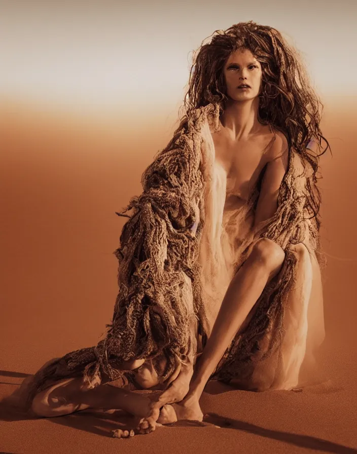 Prompt: realistic photo of Medusa like a beautiful woman in style of Peter Lindbergh, sitting in the middle of a desert, volumetric light, cinematic color lighting