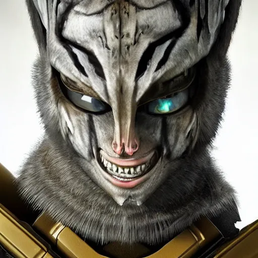 Image similar to a humanoid with cat-like features, yellow eyes, teeth that protrude past the lower lip (sort of like a saber-tooth tiger) and fine grayish fur on their faces and backs of their hands wearing futuristic alien armor and carrying weapons, octane,