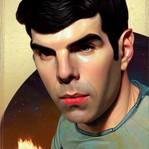 Image similar to portrait of ZACHARY QUINTO SPOCK as a greek statue, (SFW) safe for work, photo realistic illustration by greg rutkowski, thomas kindkade, alphonse mucha, loish, norman rockwell