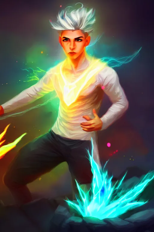 Prompt: a human elemental sorcerer, mountainous setting, colorful magic effects, male, white skin, portrait, young, sharp focus, concept art, illustration, dynamic lighting, by emylie boivin