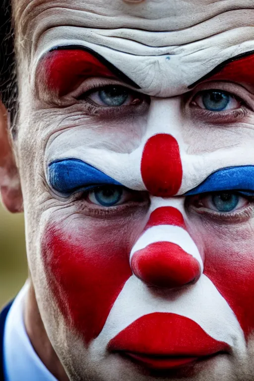 Image similar to portrait of macron as a clown, symmetrical, nikon 3 5 mm photography, ultrarealistic