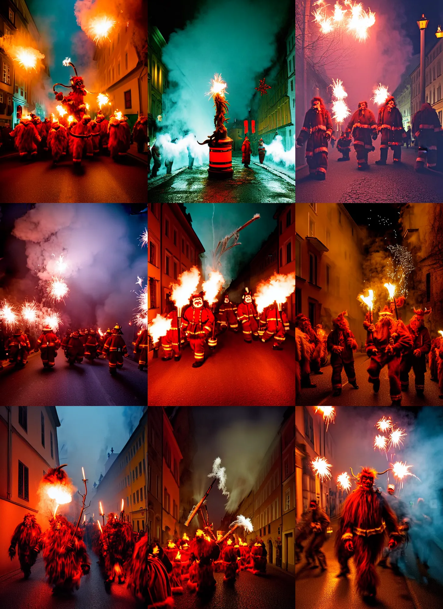 Image similar to kodak portra 4 0 0, winter, hellfire, award winning dynamic photograph of a bunch of hazardous krampus between fire barrels by robert capas, motion blur, in a narrow lane in salzburg at night with colourful pyro fireworks and torches, teal lights