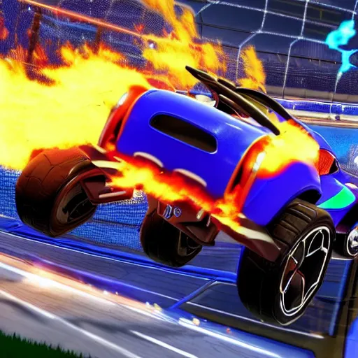 Prompt: rocket league car hitting a flaming ball