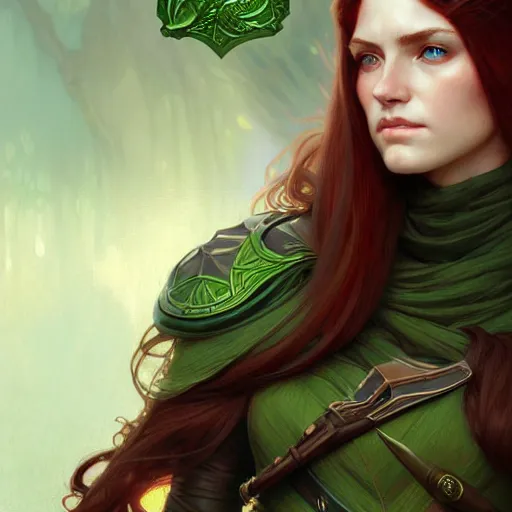 Image similar to Portrait of serious female ranger, D&D, green eyes, face, long red hair, fantasy, intricate, elegant, highly detailed, digital painting, artstation, concept art, smooth, sharp focus, illustration, art by artgerm and greg rutkowski and alphonse mucha