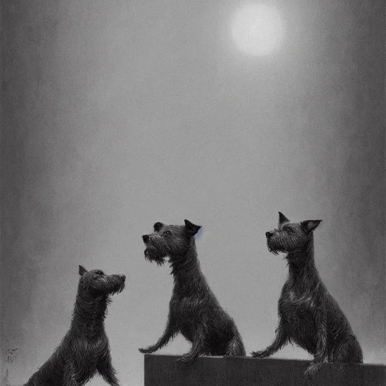 Prompt: two terrier dogs, watching a pop concert at night in a crowded venue, digital art, concept art, trending on artstation, cinematic lighting, giger, beksinski, barlowe