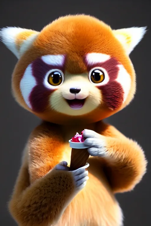 Image similar to high quality 3 d render hyperrealist very cute pastel fluffy! red panda & tarsier hybrid eating giant ice cream full body, vray smooth, in the style of detective pikachu, hannah yata charlie immer, very dramatic light, low angle, uhd 8 k, shallow depth or field