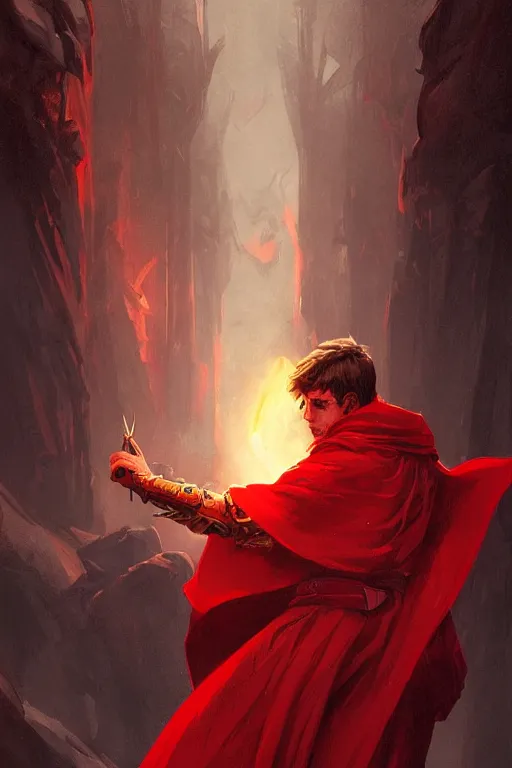 Image similar to male sorcerer, wearing a red cloak, highly detailed, digital painting, artstation, concept art, smooth, sharp focus, illustration, art by artgerm and greg rutkowski and alphonse mucha and andrei riabovitchev