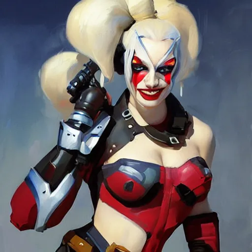 Image similar to greg manchess portrait painting of armored harley quinn as overwatch character, medium shot, asymmetrical, profile picture, organic painting, sunny day, matte painting, bold shapes, hard edges, street art, trending on artstation, by huang guangjian and gil elvgren and sachin teng