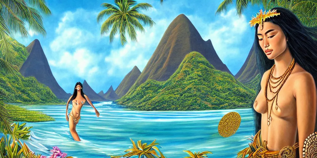 Image similar to polynesian peace goddess, crystal clear lemuria sunken architectural marvels, crisp realistic fantasy art painting