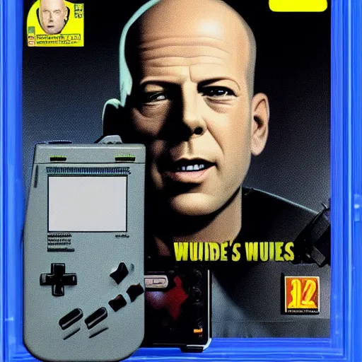 Prompt: box art for a gameboy game that just loads a picture of bruce willis's face. no other gameplay features.