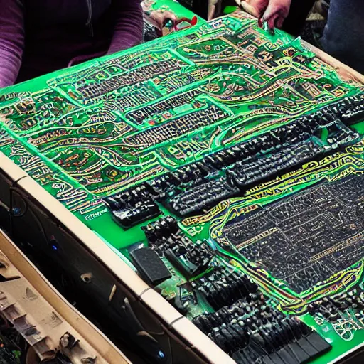 Prompt: 1 0 0 people playing on the world's largest synthesizer, printed circuit board s - 5 0