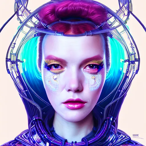 Image similar to high quality, high detailed portrait of a space queen, a cyberpunk character in a retro - futuristic world, white porcelain translucent skin. hyperrealism, intricate details, cables, wires. connectors led. tristan eaton, victo ngai, artgerm, rhads, ross draws, alphonse mucha, pastel colors, vintage, artstation, vector gradient. 8 k